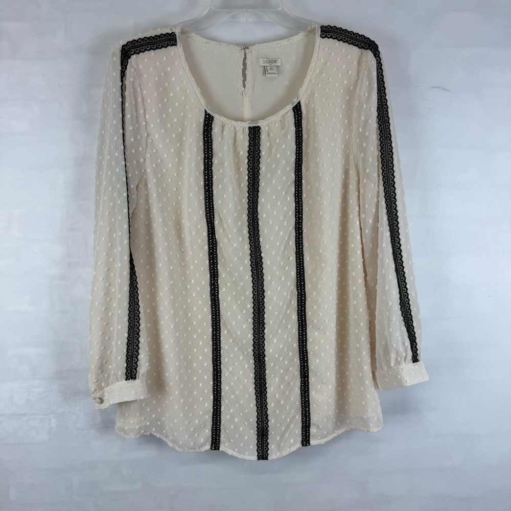 J. Crew Ivory Black‎ Lace Swiss Dot 3/4 Sleeve Tunic Top Blouse Size 12